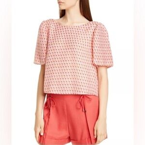 Club Monaco Ahlam Tie Baby Doll Blouse in Floral Geo Pattern Puffed Sleeves Sm
